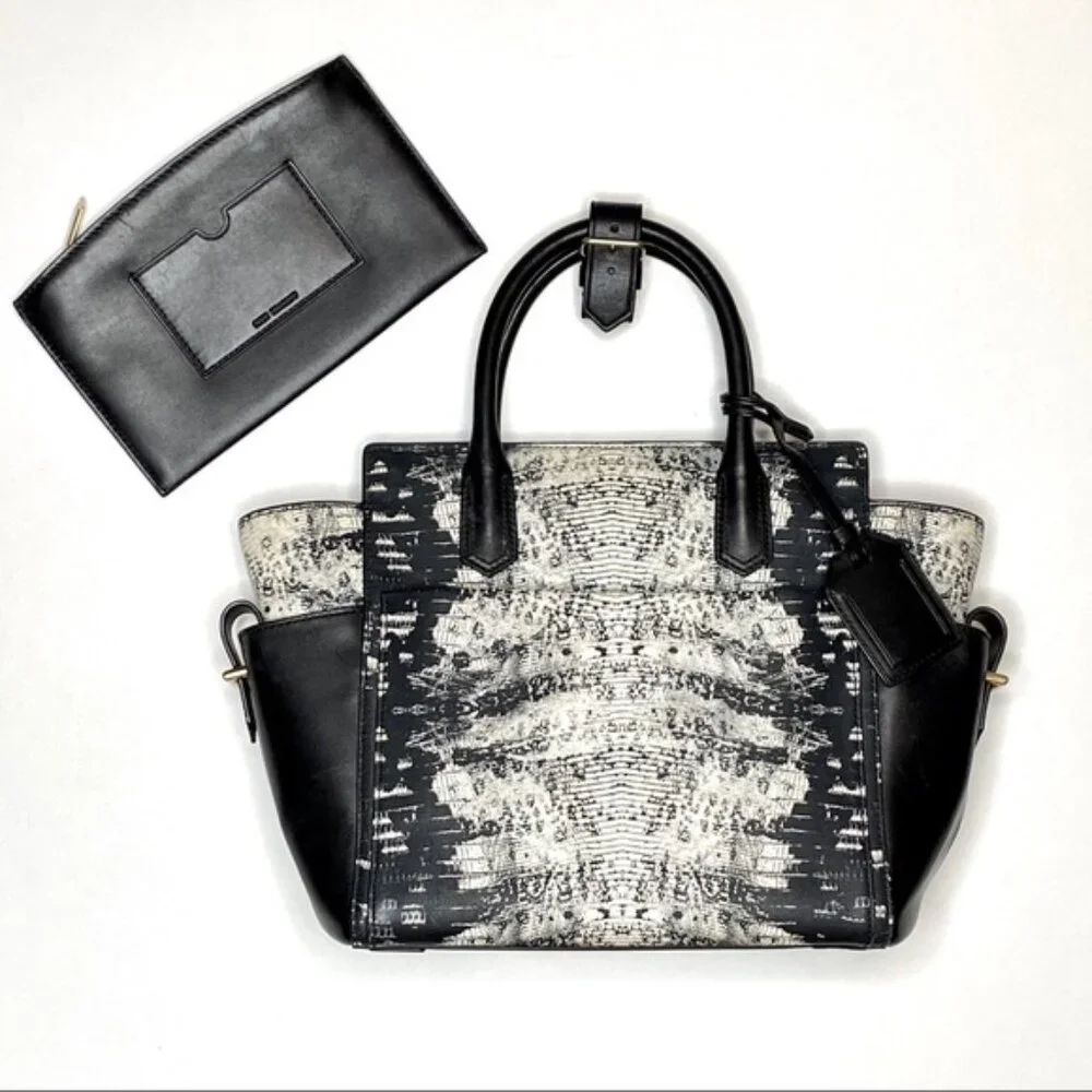 NEW W/ TAGS Reed Krakoff Mini Atlantique Leather Satchel Bag, Black White Lizard